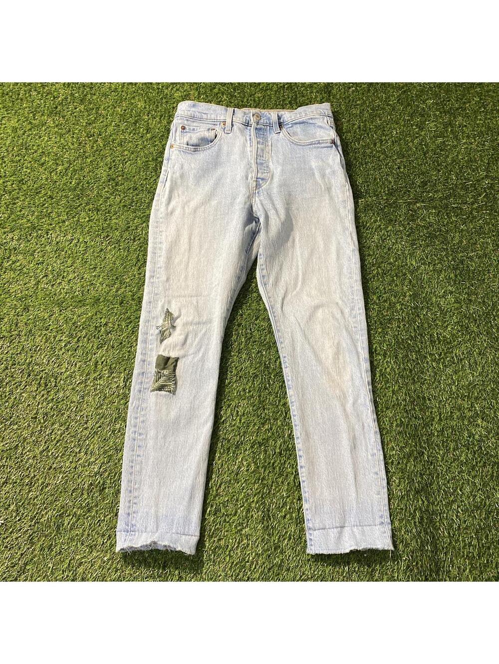 Vintage 501 Levi’s Patchwork Light wash denim jeans with distressed details